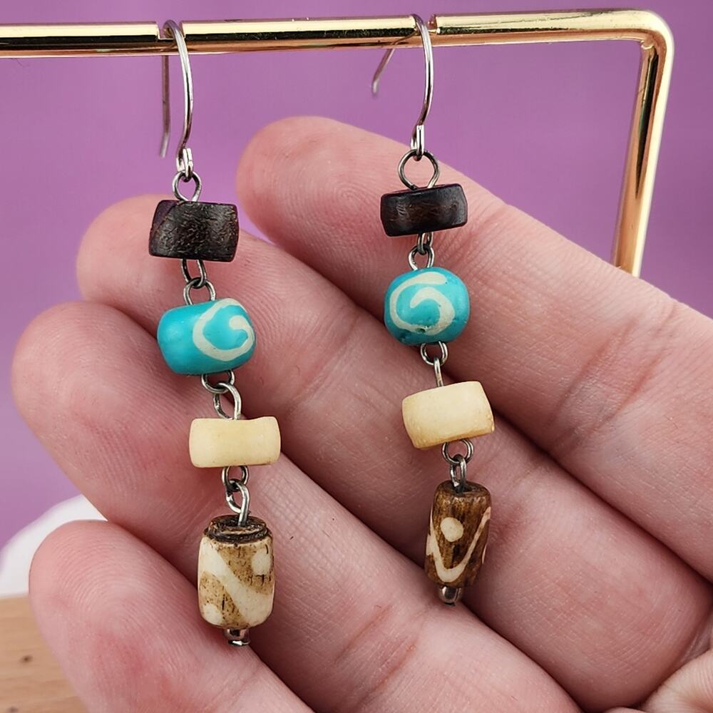 Turquoise Color Cream Brown Bead Dangle Earrings Geometric Boho Statement